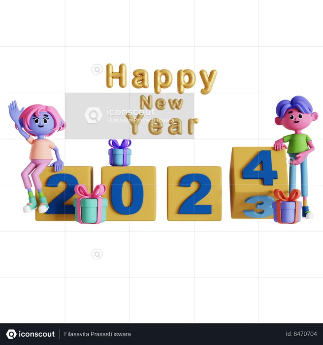 Couple rolling year cube celebrating new year  3D Illustration