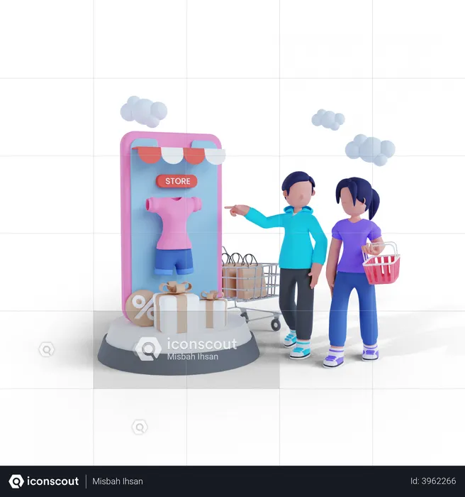 Couple shopping online through mobile app  3D Illustration