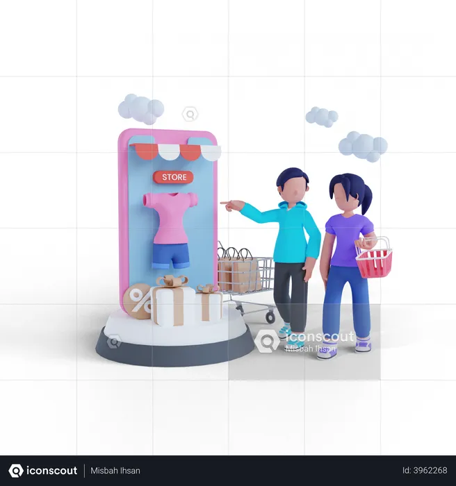 Couple shopping together using mobile app  3D Illustration