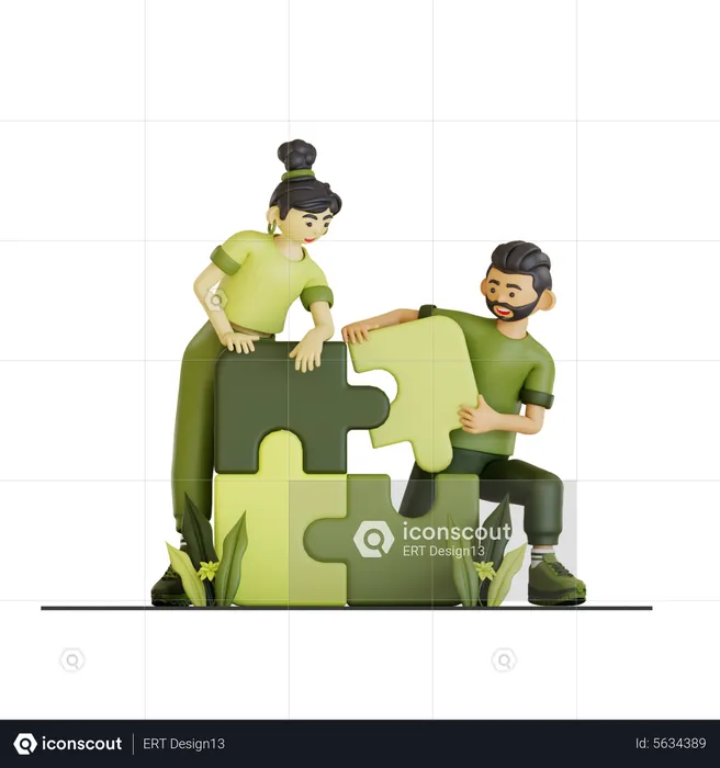 Couple Solving Puzzle  3D Illustration