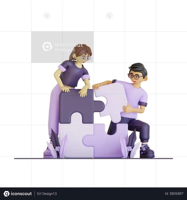 Couple Solving Puzzle  3D Illustration