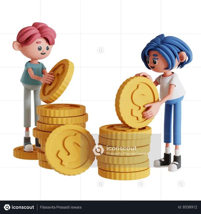 Couple Stacking Money  3D Illustration