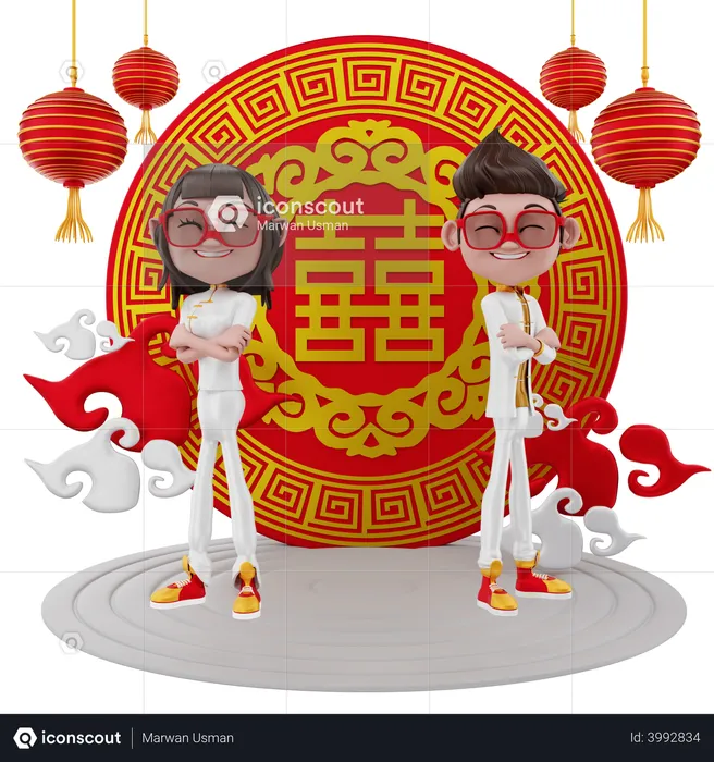 Couple with Chinese lucky coin  3D Illustration