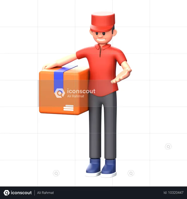 Courier boy carrying box while showing something  3D Illustration