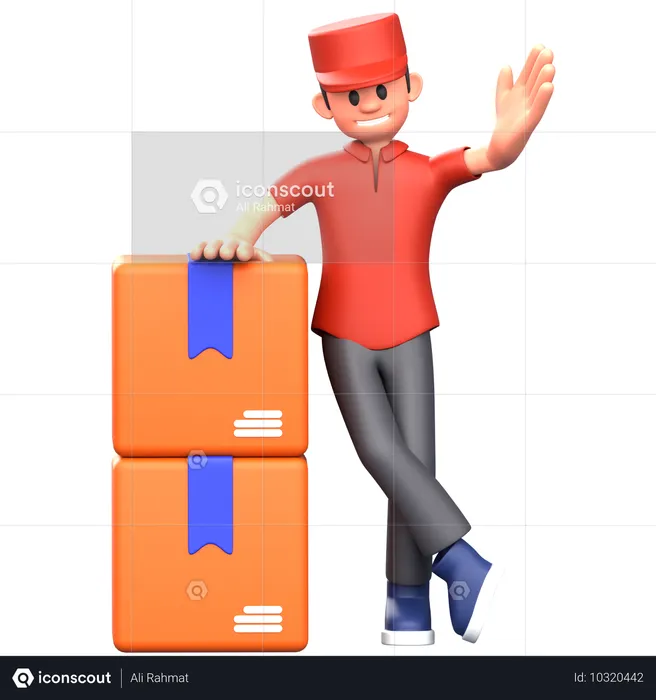 Courier boy standing with boxes while showing something  3D Illustration