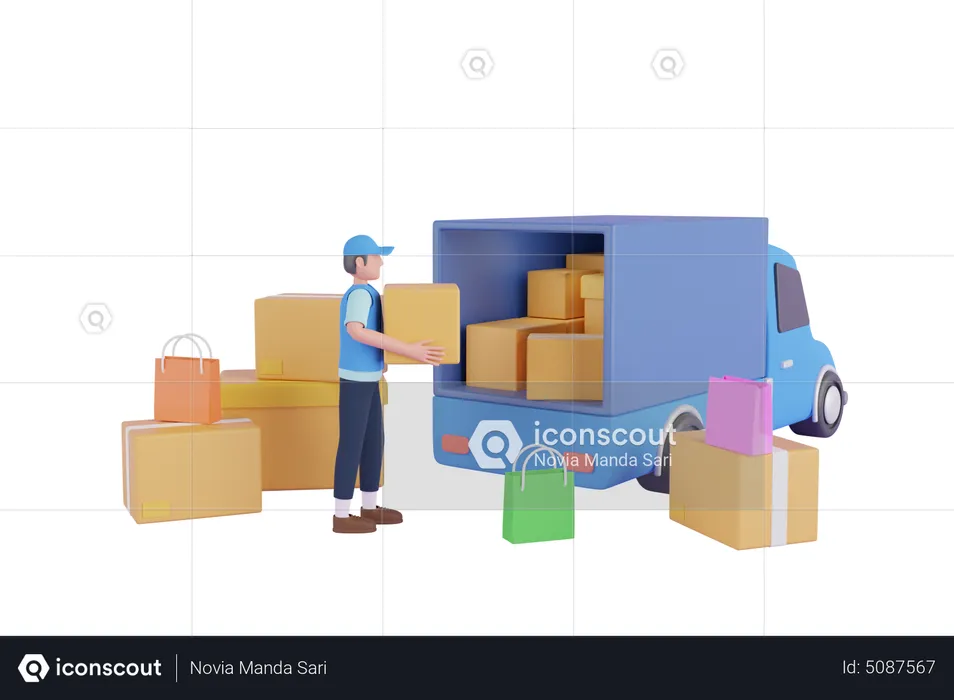 Courier delivery man loading parcel in delivery truck  3D Illustration