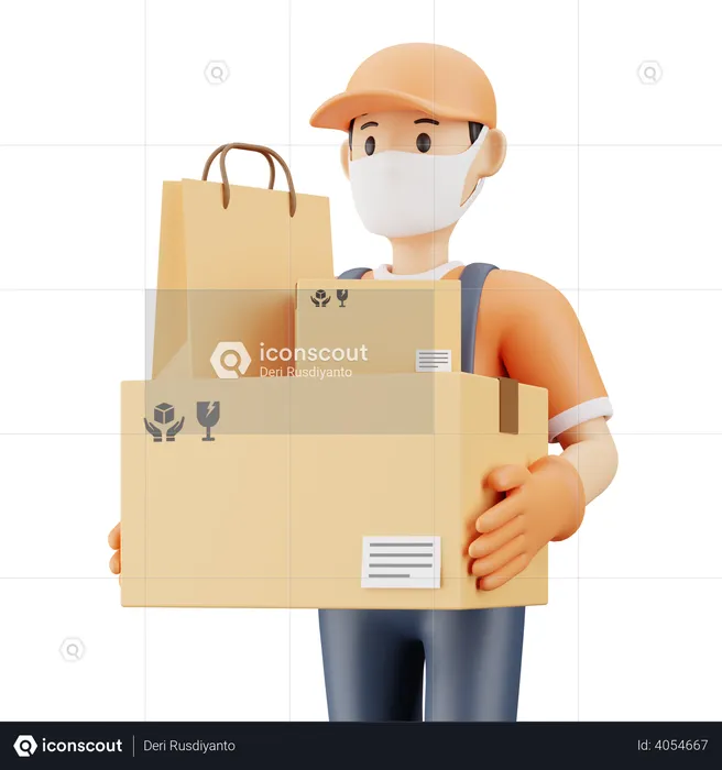 Courier guy wearing facemask and carrying packages  3D Illustration