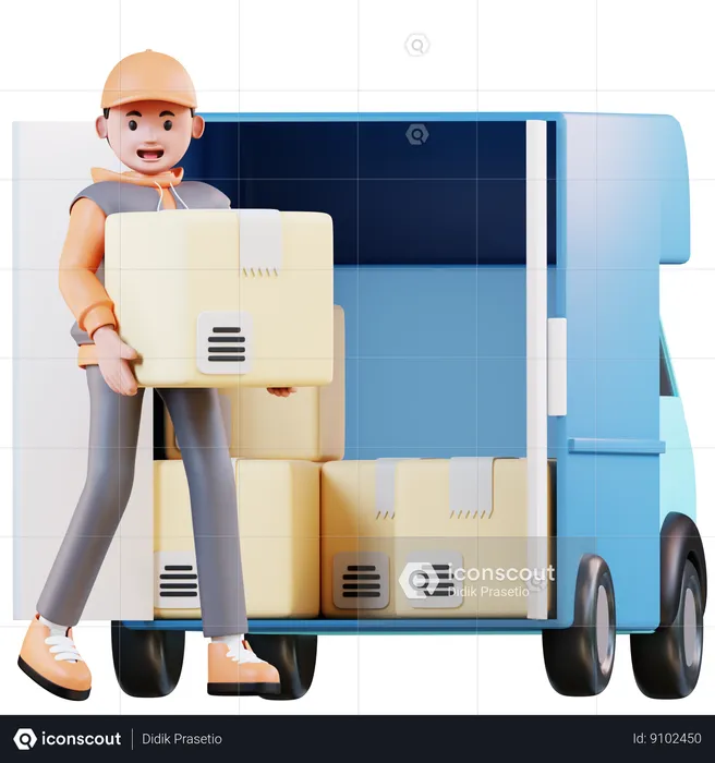 Courier Loading Parcels In Truck  3D Illustration