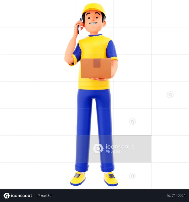 Courier Man Hold Cardboard Box And Calls Up  3D Illustration