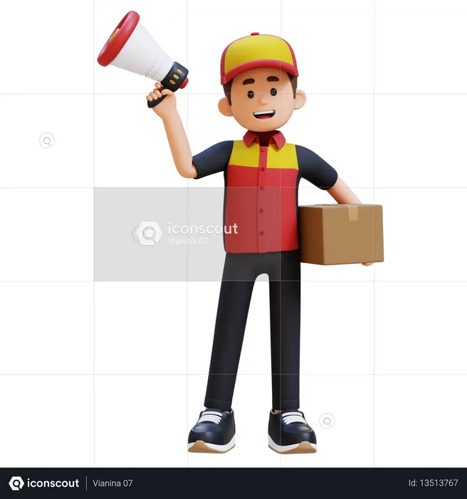 Courier Man Holding Megaphone And Delivery Box  3D Icon