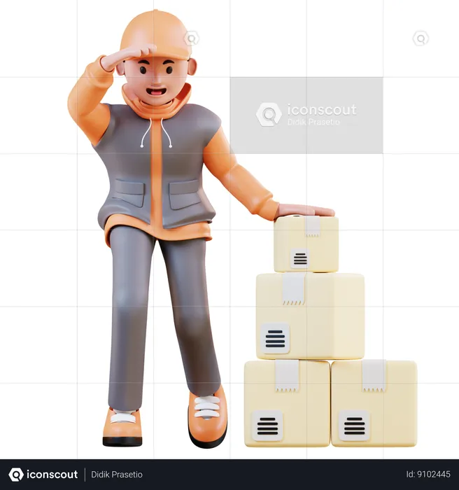 Courier Standing Next To Package  3D Illustration