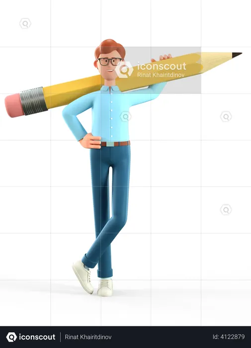 Creative man holding big pencil on shoulder  3D Illustration