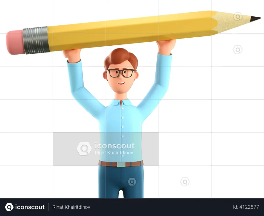 Creative man holding big pencil over his head  3D Illustration