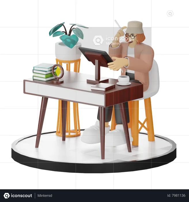 Creative Woman With Computer In Clean Workspace Seeking Inspiration  3D Illustration