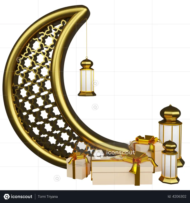 Crescent And Lantern With Gift  3D Illustration