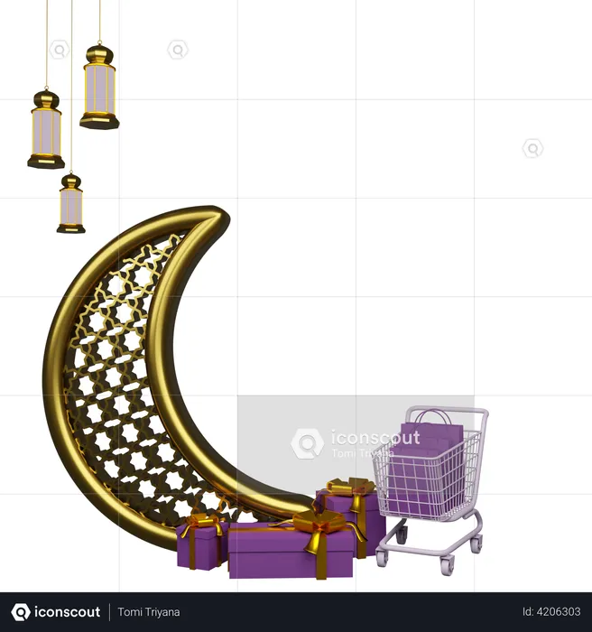 Crescent And Lantern With Shopping cart  3D Illustration