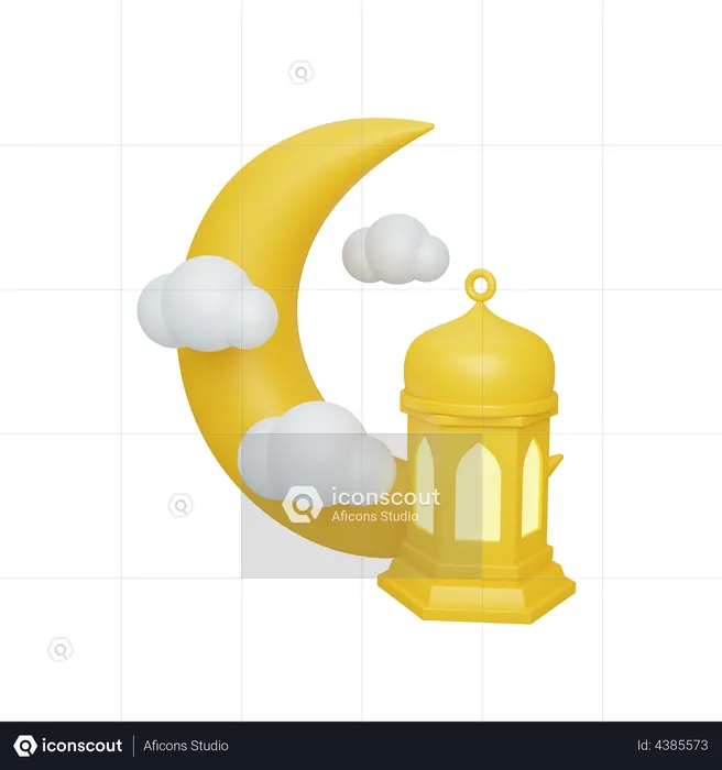 Crescent moon and cloud with lantern  3D Icon