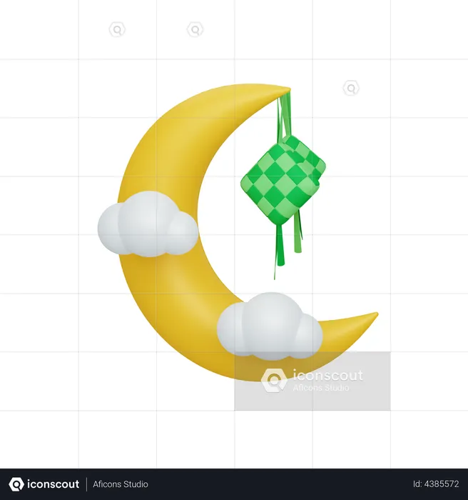 Crescent moon and ketupat with cloud  3D Illustration