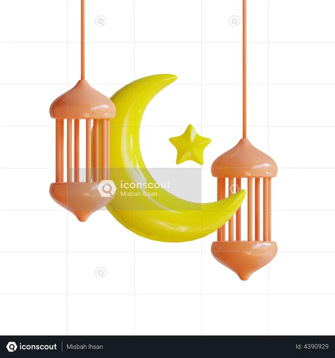 Crescent moon and lantern  3D Illustration