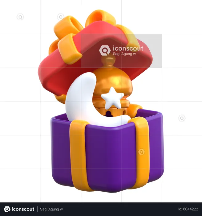 Crescent Moon And Lantern In The Gift Box  3D Icon