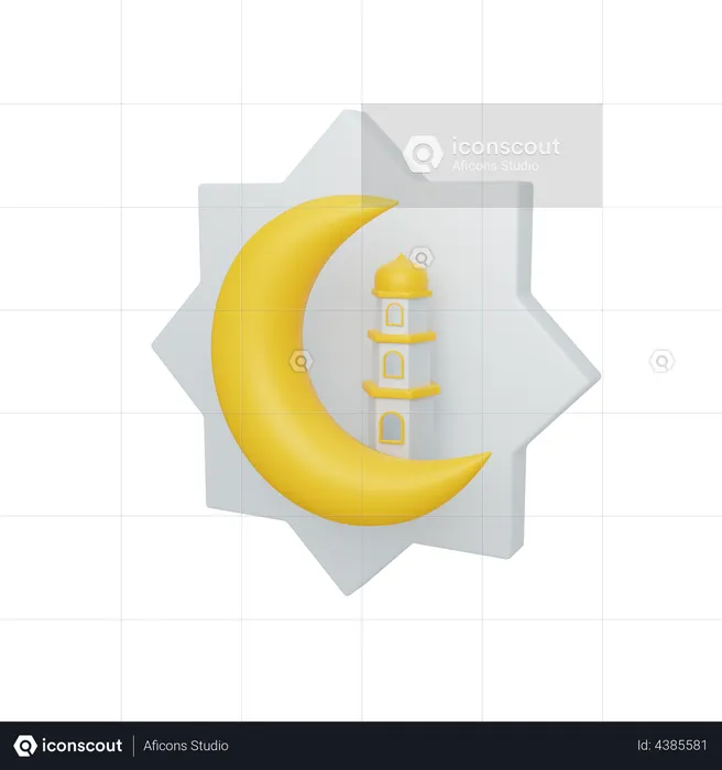 Crescent moon and mosque with ornament  3D Illustration