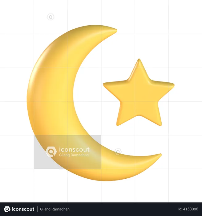 Crescent Moon And Star  3D Illustration