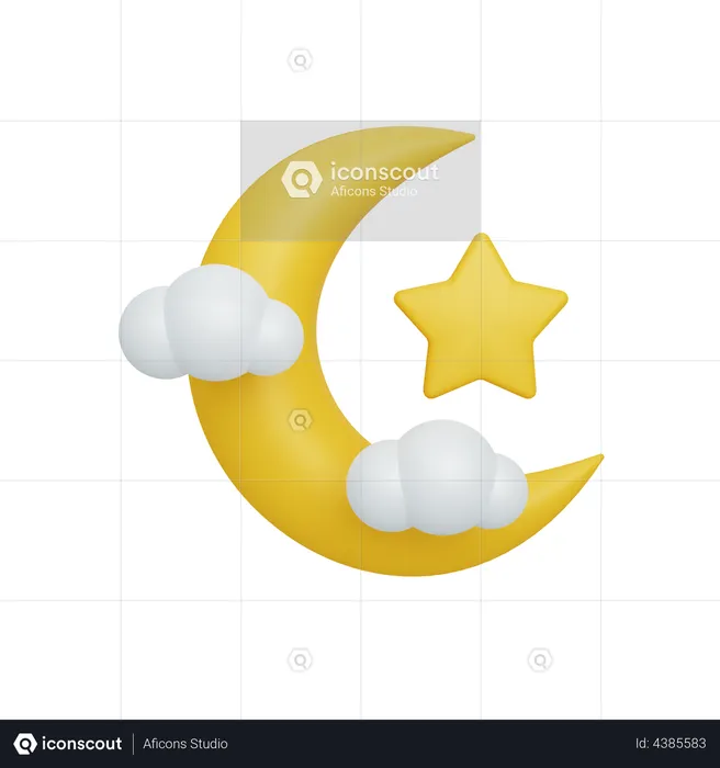 Crescent moon and star with cloud  3D Illustration
