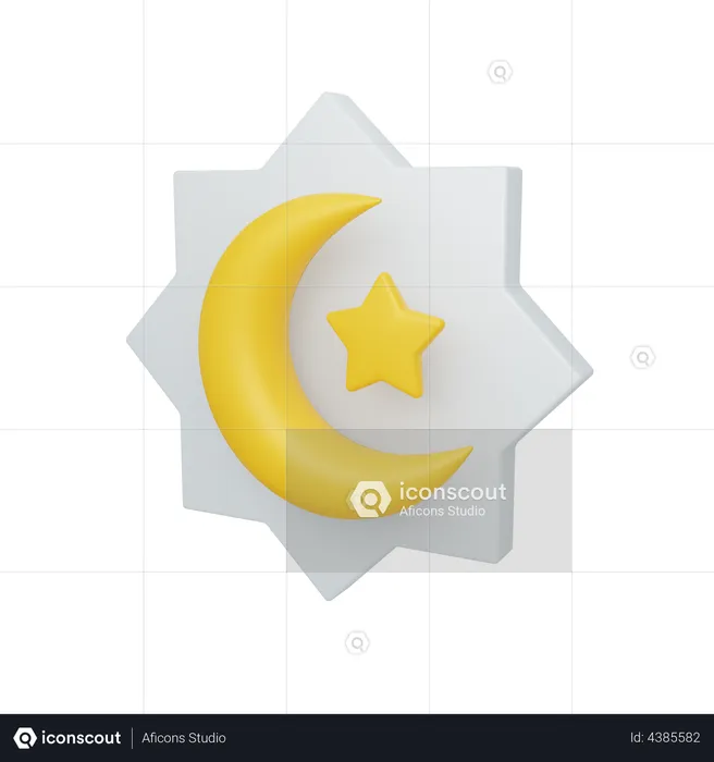 Crescent moon and star with ornament  3D Illustration
