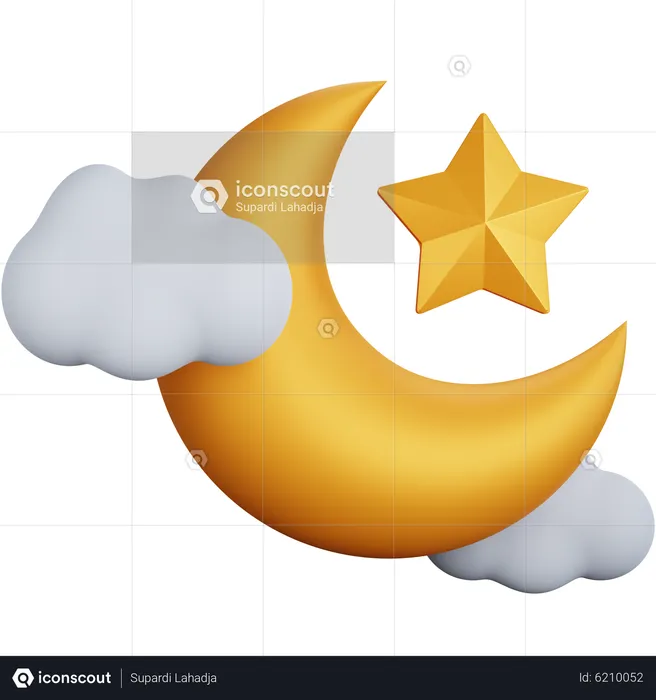 Crescent Moon And Star With Some Clouds  3D Icon