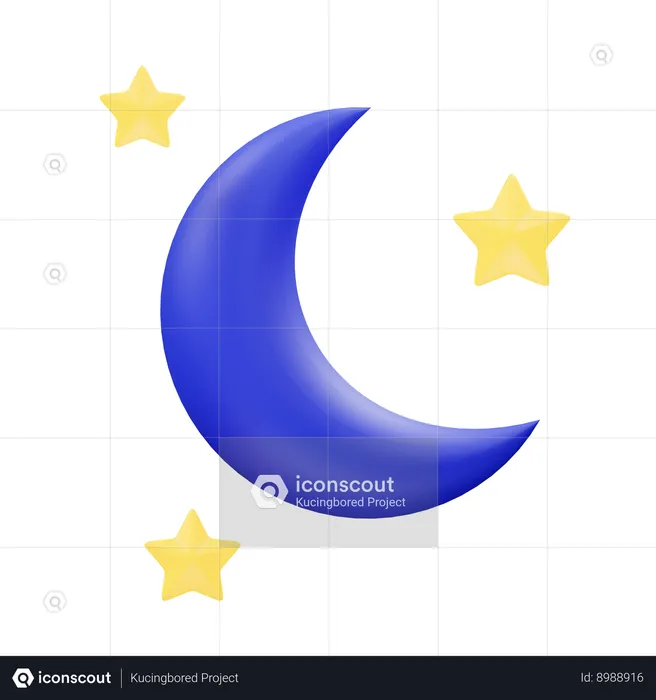 Crescent Moon And Stars  3D Icon