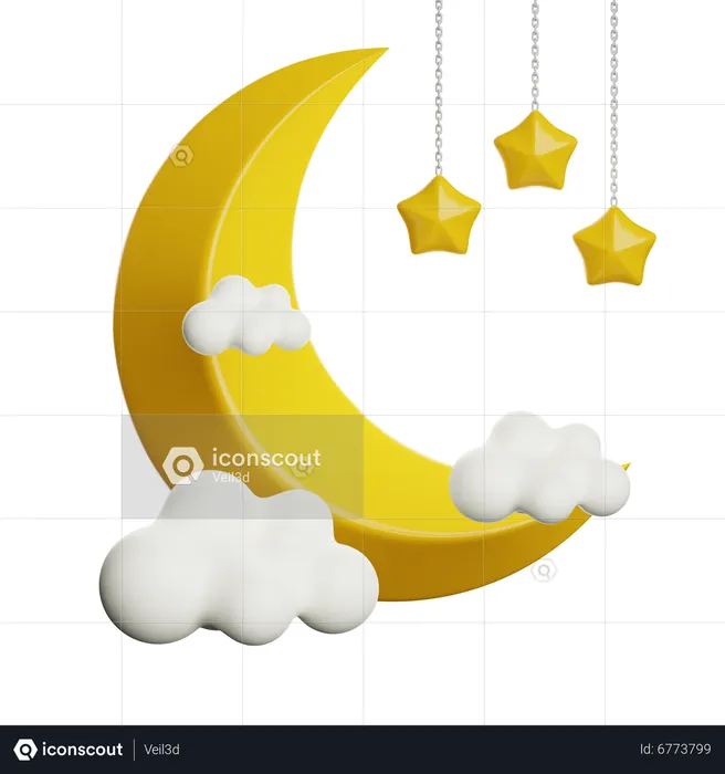 Crescent Moon And Stars  3D Icon