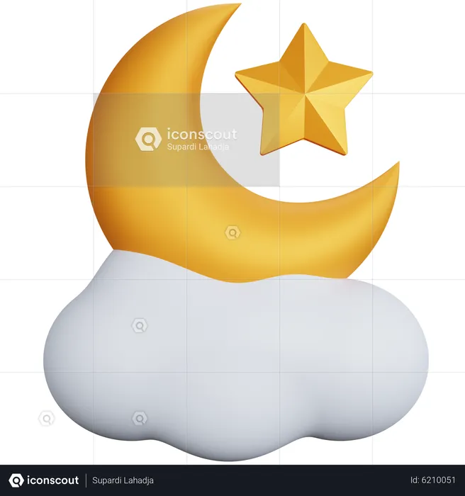 Crescent Moon And Stars Above The Clouds  3D Icon