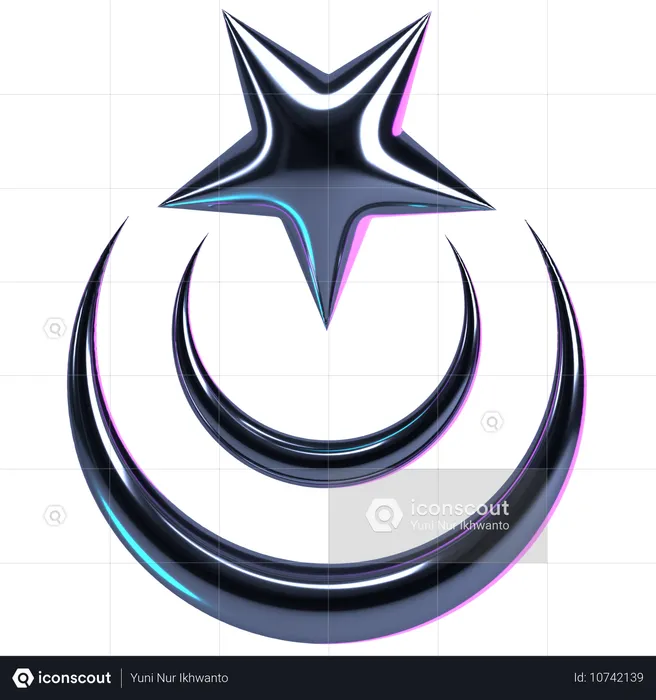 Crescent Moon Chrome Star  3D Icon