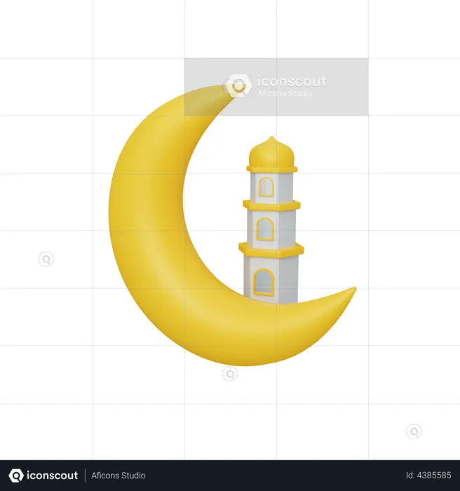 Crescent moon with mosque  3D Illustration