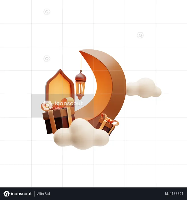 Crescent with gift box  3D Illustration
