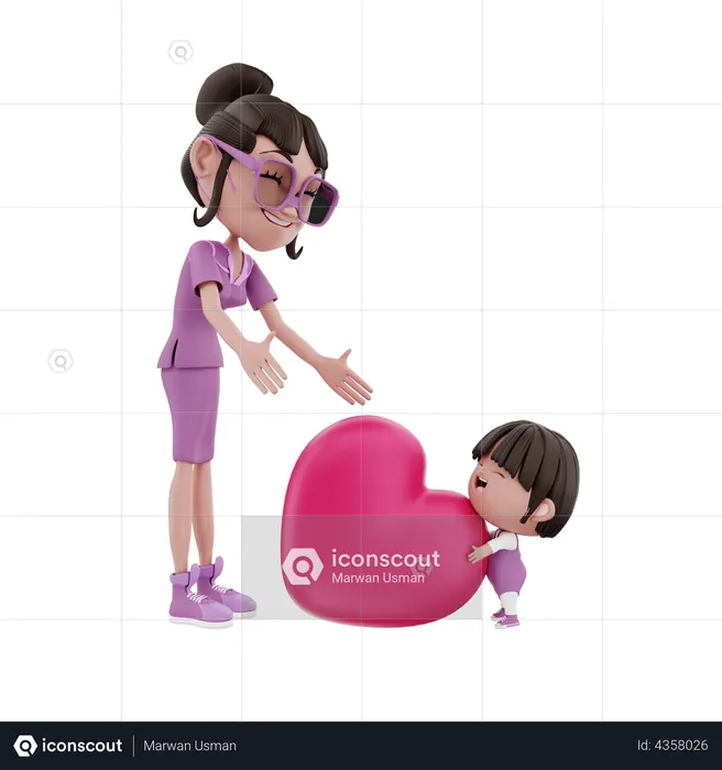 Criança dando coração para sua mãe  3D Illustration