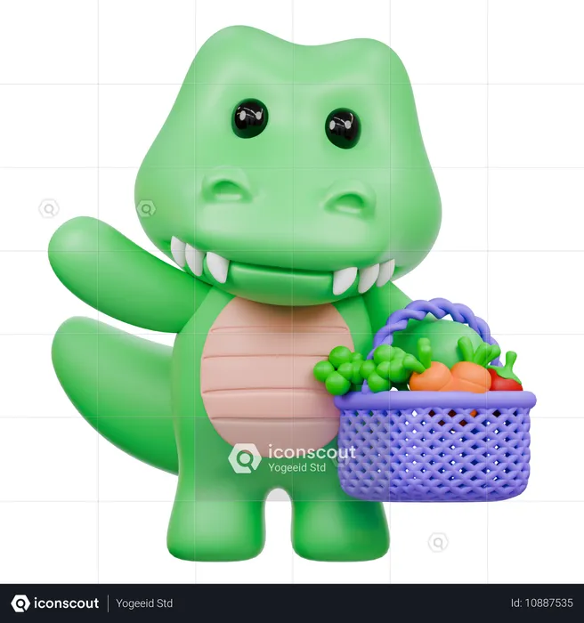 Crocodile mignon avec panier de légumes  3D Illustration