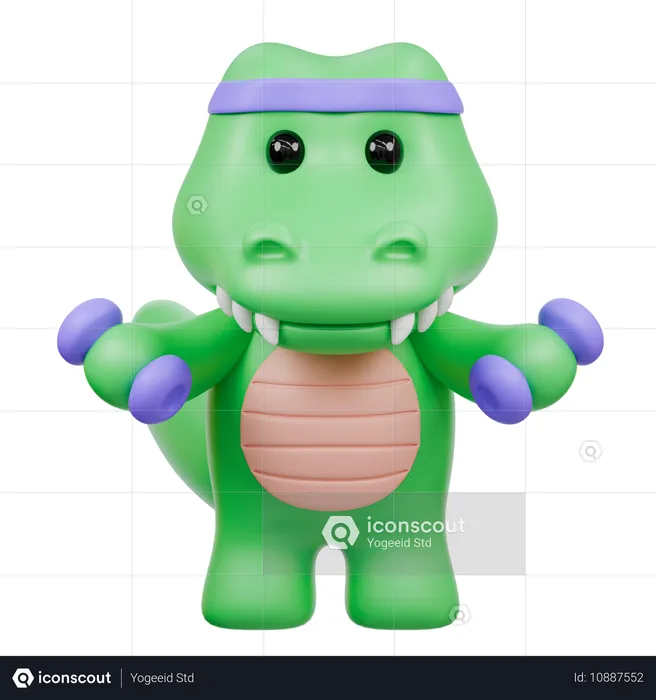 Crocodilo fofo segurando dois halteres  3D Illustration