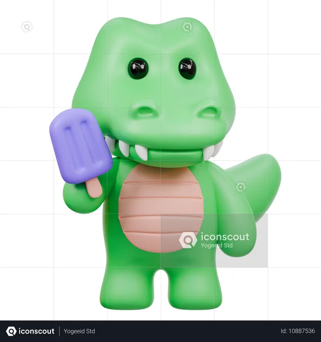 Crocodilo fofo segurando picolé enquanto aproveita uma guloseima de verão  3D Illustration