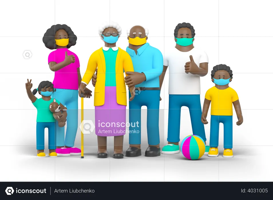 Familia negra en cuarentena  3D Illustration