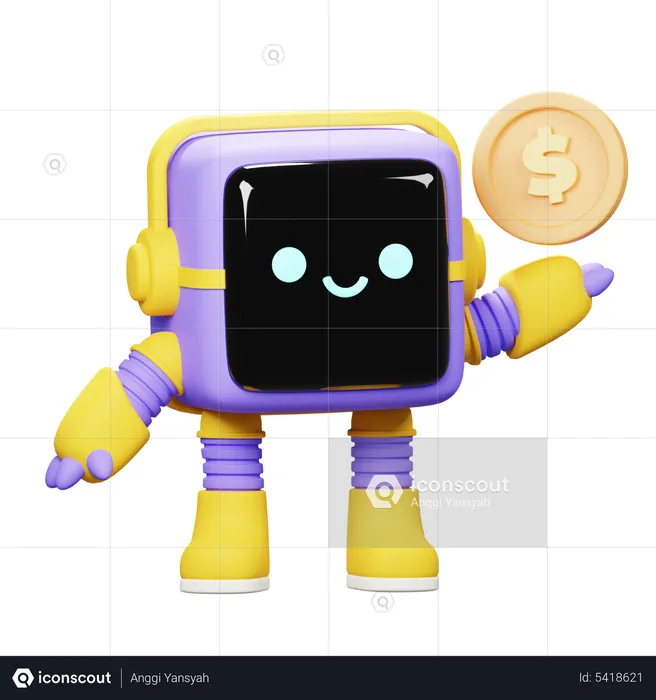 Cube robot with Coin  3D Illustration
