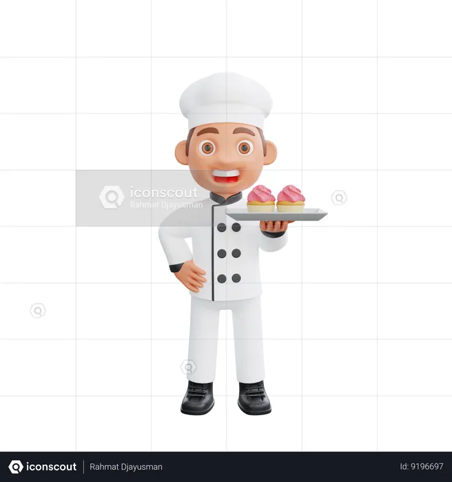 Cue Chef Holding Cupcake  3D Illustration