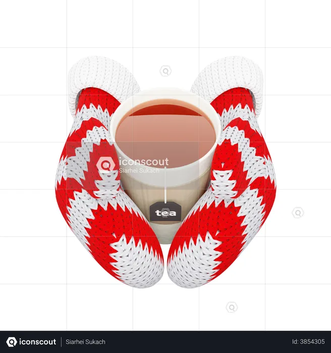 Cup of hot tea in knitted red mittens  3D Illustration