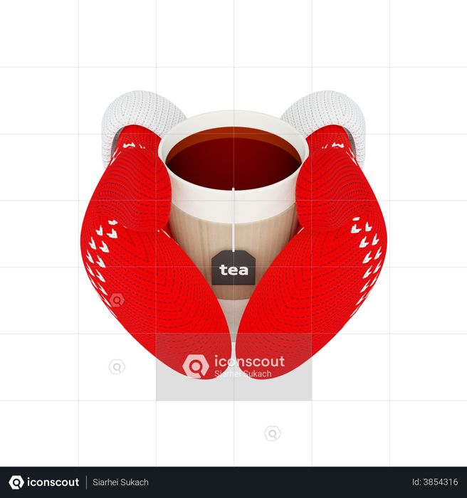 Cup of hot tea in knitted red mittens 3D Illustration