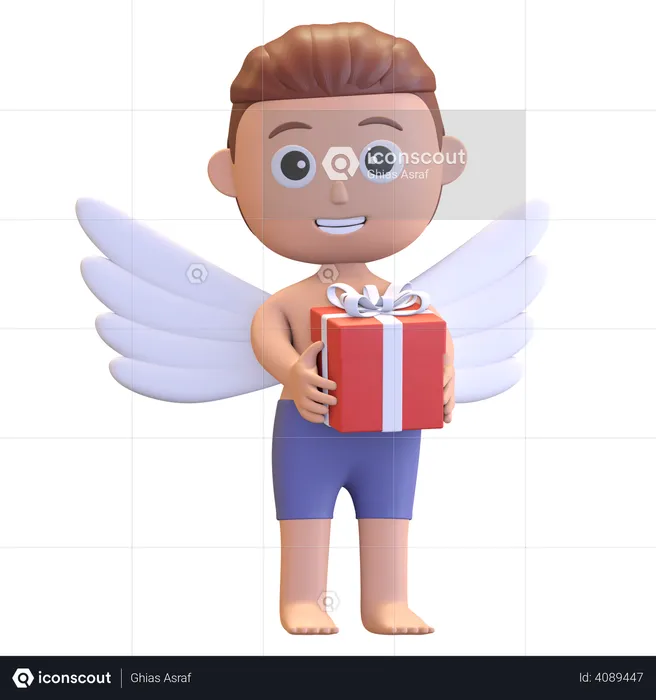 Cupid Boy Holding Gift Box  3D Illustration