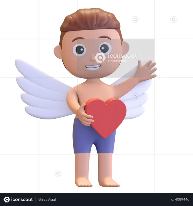 Cupid Boy Holding Heart  3D Illustration