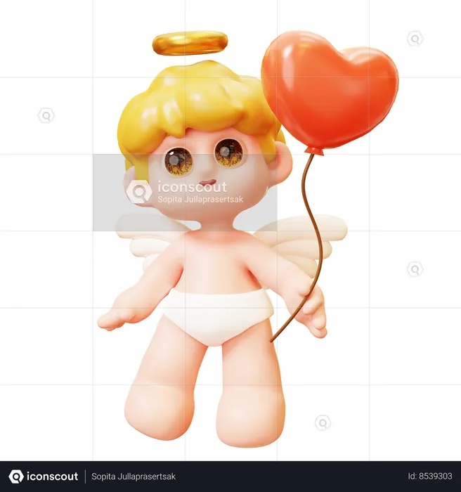 Cupid Holding Heart Balloon  3D Icon