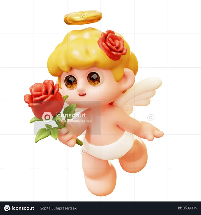 Cupid Holding Rose  3D Icon