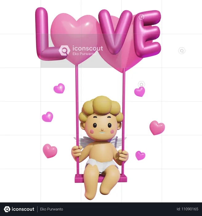 Cupido fofo no balanço da nuvem  3D Illustration