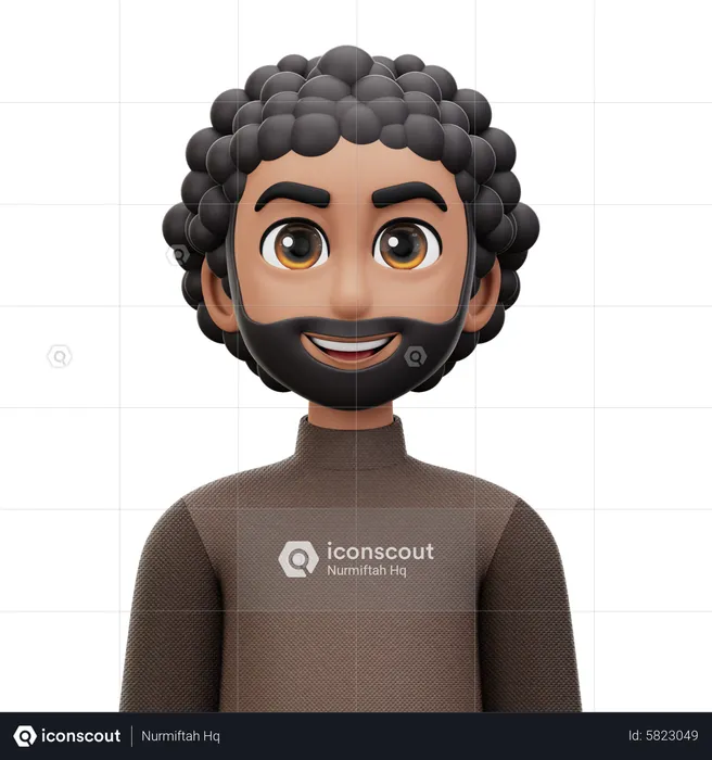 Curly Hair Man with Beard  3D Icon